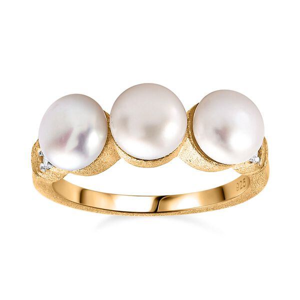 Süßwasser Perle, Weißer Zirkon Ring 925 Silber Gelbgold Vermeil (Größe 17.00) ca. 0.09 ct image number 4