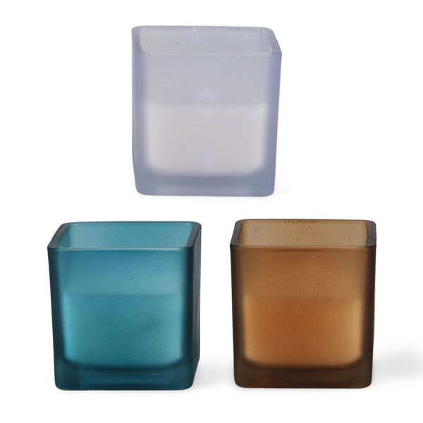 "Scented candles with bamboo base Color: Coffee + blue + purple Squre glass jar size: 6*6cm Fragrance type:French coffee+British Freesia+French Lavender 5% perfume Paraffin Wax weight: 85g Burning time: Approximately 15 hours ????? ??:??+??+?? ?????:6*6cm image number 4
