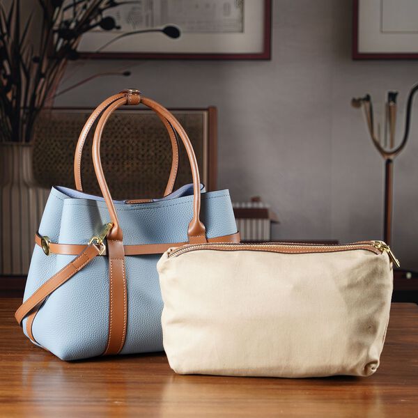 Echtleder Shopper Set, 2-teilig, Magnetfach, Rei&szlig;verschlussf&auml;cher, 35x11x20cm, Blau und Braun image number 2