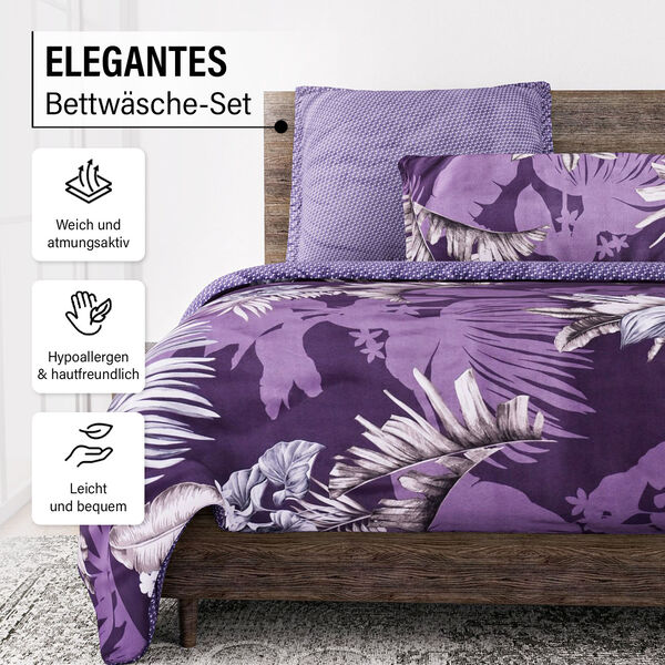 6-tlg. Bettw&auml;sche-Garnitur mit doppelseitigem Druck, Exotische Pflanzen, dunkellila image number 2