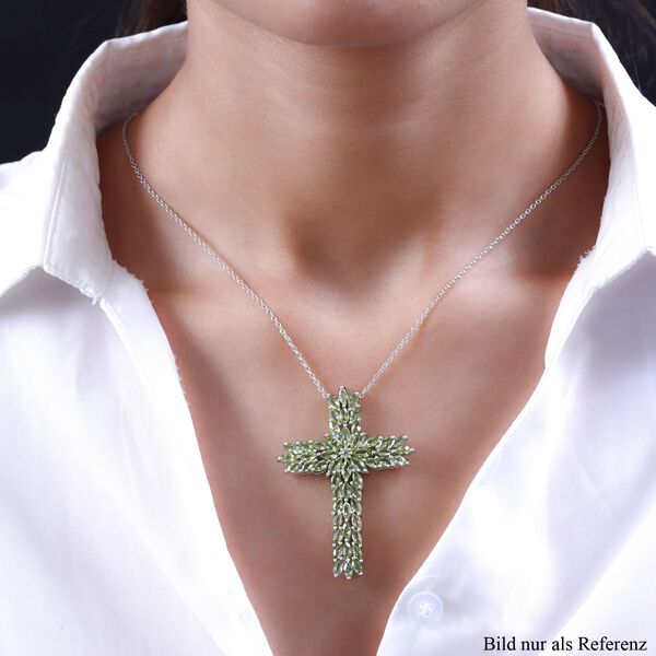 Natürlicher Peridot Kreuz-Anhänger mit Kette in Silber image number 2