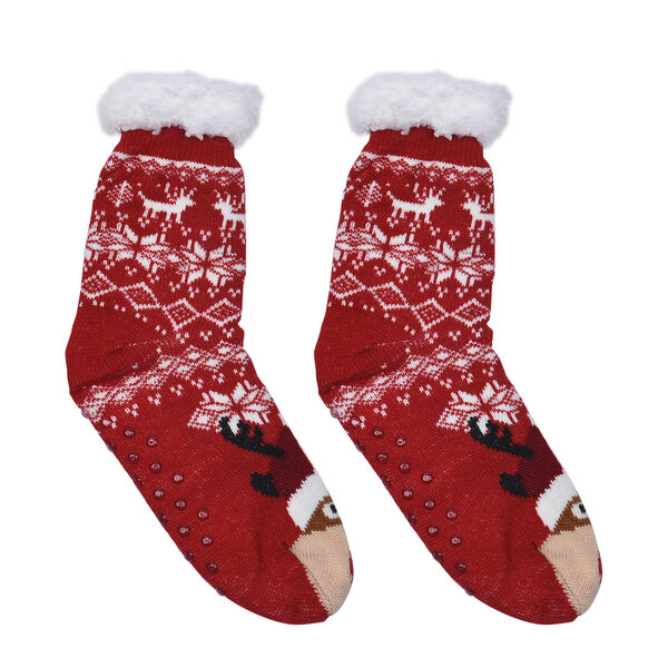 2er-Set - 2 Paar rutschfeste Haus Socken mit warmem Sherpa Futter, Einheitsgr&ouml;&szlig;e Weihnachtsmotiv, Rot und Blau&nbsp; image number 2