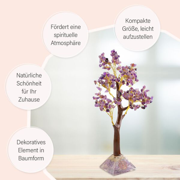LIVMORE Edelsteinbaum mit Orgonit Basis, Amethyst, Sieben Chakren, 23cm, 230 Perlen, Lila image number 6
