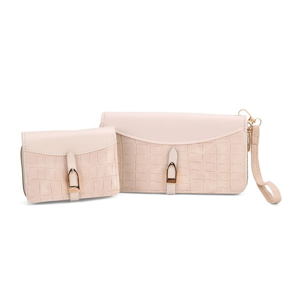 2-teiliges Geldbörsen-Set im Krokoprägungs-Design, Lange Geldbörse 20x10x3 cm und Bifold-Geldbörse 12x9x3,5 cm, Beige image number 0