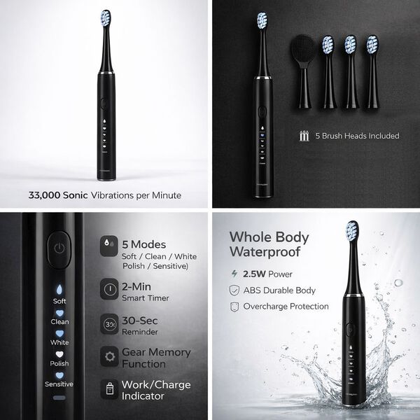 LIVMORE Sonic elektrische Zahnb&uuml;rste mit 3 Zahnb&uuml;rstenk&ouml;pfen und 1 Silikon-Zungenb&uuml;rstenkopf, 24,5x2,5cm, Schwarz image number 3