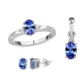 3er-Set AA Tansanit und Zirkon Ring, Ohrstecker und Anh&auml;nger 925 Silber platiniert ca. 1,85 ct