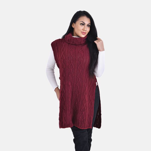 LA MAREY - gestrickter Halskragen Poncho mit Fransen, One Size, Burgunderrot image number 3