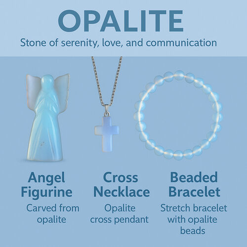 3er-Set aus Opalith: Schutzengel (7.6 cm), Armband mit 8 mm Perlen und Kreuzanhänger (2.5 cm), handgefertigt, Blau-Schimmernd image number 1