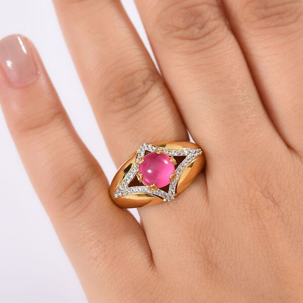 Mondlicht und Bl&uuml;te - Maulbeer Mondstein, Wei&szlig;er Zirkon Ring, 925 Silber 750 Gelbgold Vermeil (Gr&ouml;&szlig;e 20.00) ca. 2.76 ct image number 2