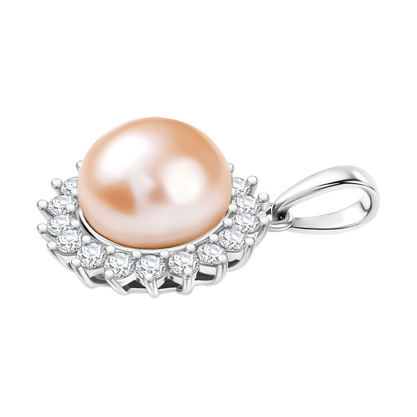 Pfirsich-Süßwasser Perle (8.5-9 mm), Weißer Zirkon Schmuckset ca. 50 cm 925 Silber rhodiniert 5.02 ct image number 4