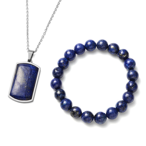 2er- Set Lapislazuli flexibel Armband und Anh&auml;nger mit Kette ca. 60 cm in Edelstahl image number 0