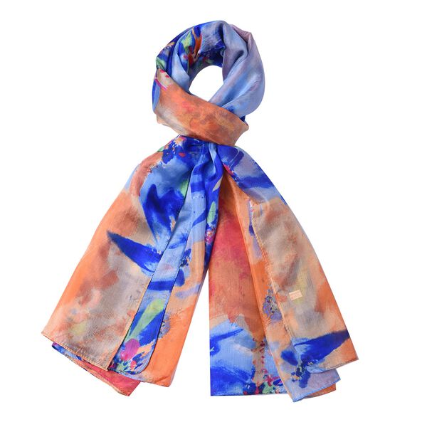 LA MAREY: Bedruckter Schal aus 100% Maulbeerseide, Blumenmuster, inkl. Geschenkbox, Blau und Orange image number 3