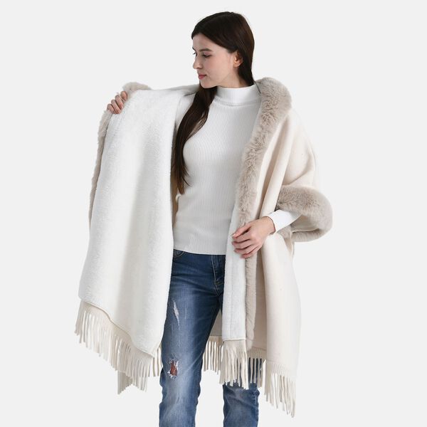 LA MAREY - Poncho aus Webpelz mit Fransen und Fleecefutter, Einheitsgröße, Beige image number 5
