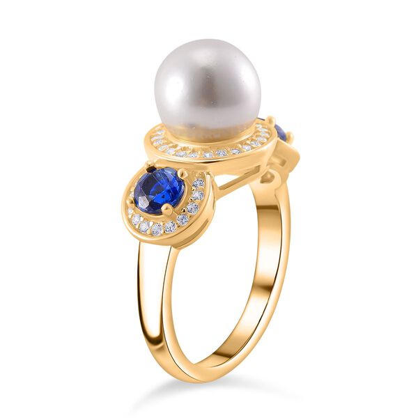 Wei&szlig;e Muschelkernperle, Kyanit Ring 925 Silber vergoldet (Gr&ouml;&szlig;e 16.00) image number 3