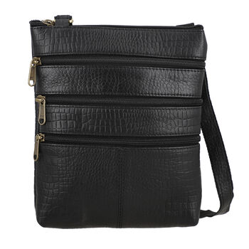 CLOSE OUT - Echtleder Crossbody Tasche mit Kroko Pr&auml;gung, Multi-F&auml;cher, 20 x 24 cm, Schwarz