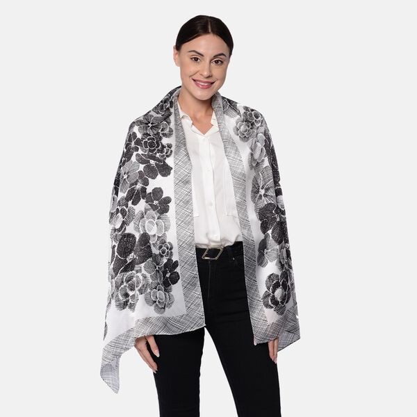 LA MAREY: Bedruckter Schal aus 100% Maulbeerseide, Blumenmuster, inkl. Geschenkbox, Schwarz-Grau&nbsp; image number 0