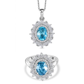 D'Joy blauer und wei&szlig;er Zirkon Ring und Anh&auml;nger mit 50cm Kette