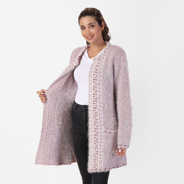 Langer Cardigan mit Taschen und Knopf, gestrickt, Einheitsgr&ouml;&szlig;e Rosa image number 2