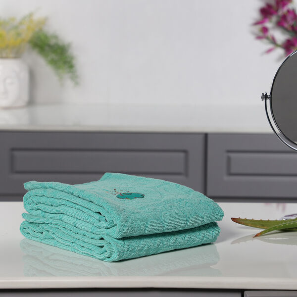 2er-Set Badetuch mit Stickerei, Smaragdgrün image number 2