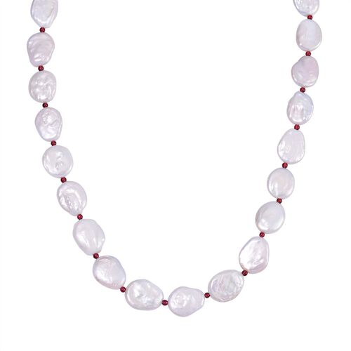 Weiße  Keshi-Stil Perle, Roter Granat flexible Halskette, 45 cm, 925 Silber rhodiniert,
