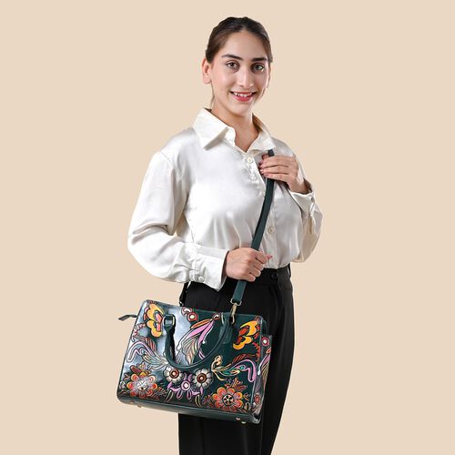Handbemalte Satchel-Tasche aus 100?% Echtleder mit kunstvoller Prägung und Mandala-Design, 31 x 10 x 23?cm,  Grün image number 1