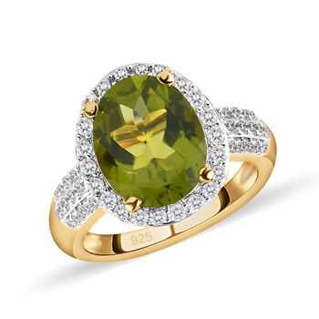 Nat&uuml;rlicher Peridot und wei&szlig;er Zirkon-Ring, 925 Silber Gelbgold Vermeil  ca. 4,21 ct