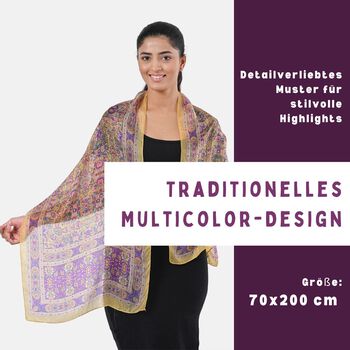 Bedruckter Schal aus 100% Seide, Mehrfarbiges Muster mit gelber Bord&uuml;re, 70x200 cm