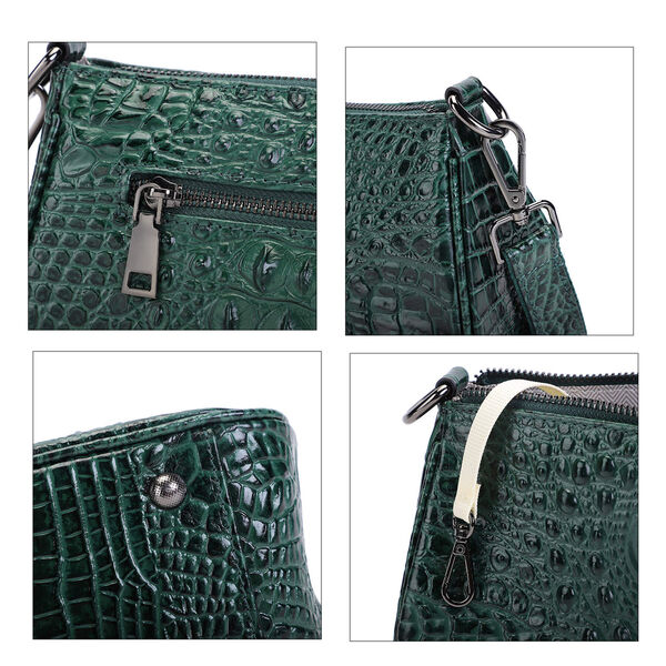 Schultertasche aus 100% echtem Leder mit Kroko-Prägung, Grün  image number 6