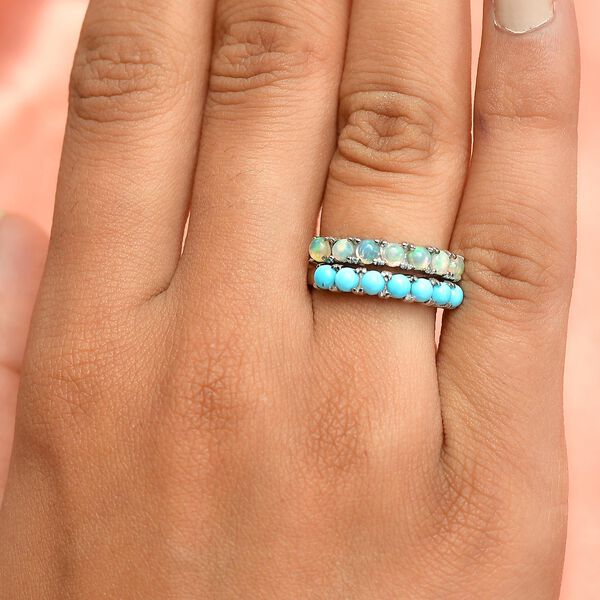 2er Set - Sleeping Beauty Türkis und natürlicher, äthiopischer Opal-Half-Eternity-Ring in Silberton, 1,35 ct. image number 3