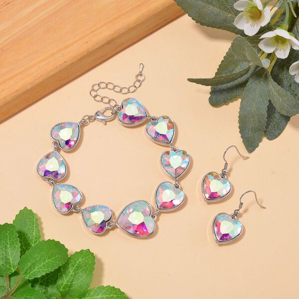 2er Set - Simulierter Mystischer Weißer Kristall Armband und Ohrringe, silberfarben image number 2