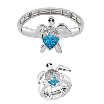 2er Set - Wei&szlig;er Kristall, Blauer Kristall Flexibles Armreif und Flexibler Ring, silberfarben