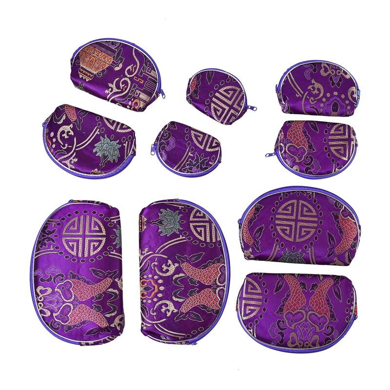 10er-Set Jacquard gewebter Schmuckbeutel mit Reißverschluss, 5 verschiedene Größen, Violett image number 0
