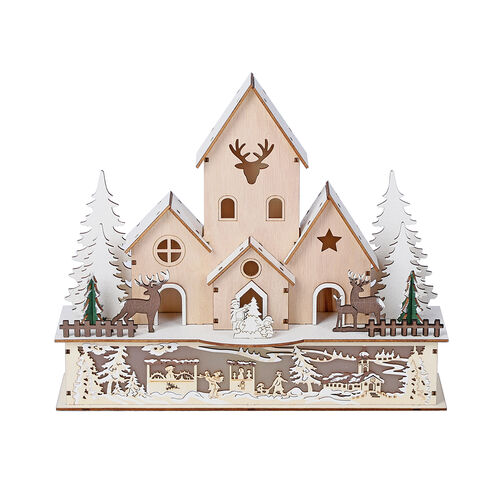 Weihnachtsdeko Holzhaus mit 9 warmen LEDs Beleuchtung, 2xAA Batterie (nicht inkl.), Größe 30x10x25 cm image number 1