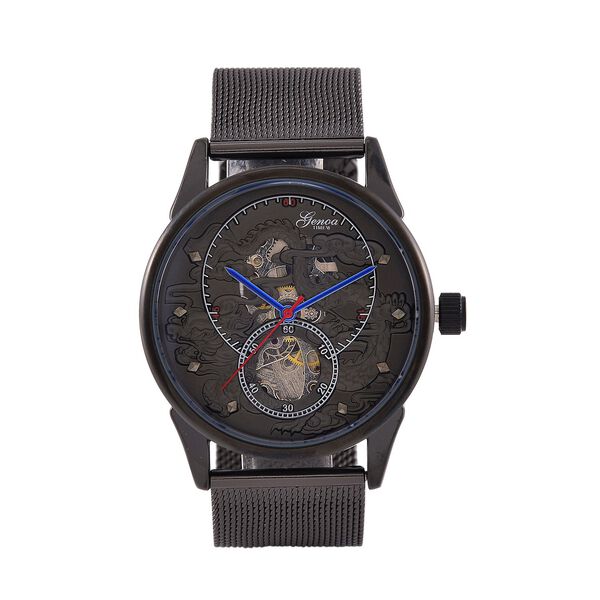 GENOA TIME V2 - Automatische mechanische Uhr mit Drachenmuster und Edelstahl-Mesharmband, 23 cm, schwarz, ca. 89,00g