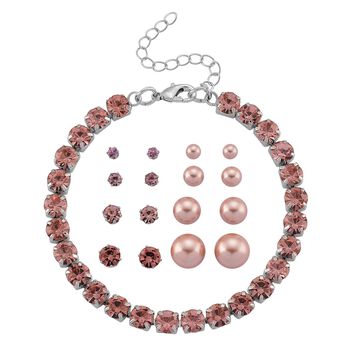 Rosa  Muschelkernperle (4-10 mm), Rosa Kristall Schmuckset 316L Edelstahl, Nickelfreies Messing