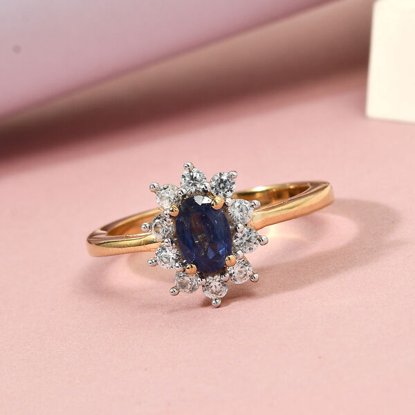 Blauer Saphir und Zirkon-Halo-Ring, 925 Silber vergoldet, 1,18 ct. image number 2