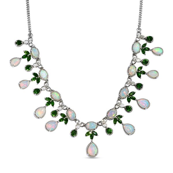 Nat&uuml;rliche, &auml;thiopische Welo Opal, Chromdiopsid und Zirkon-Halskette, 45 cm - 11,36 ct.