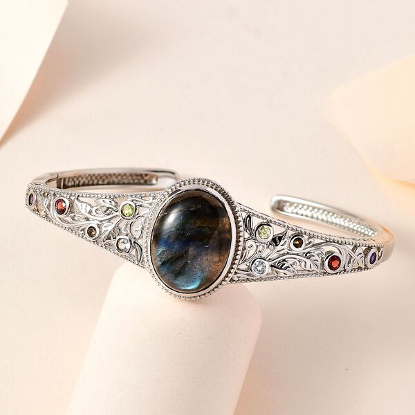 Labradorit, Roter Granat Armreif ca. 19 cm Reines Messing platiniert ca. 18,84 ct. image number 2