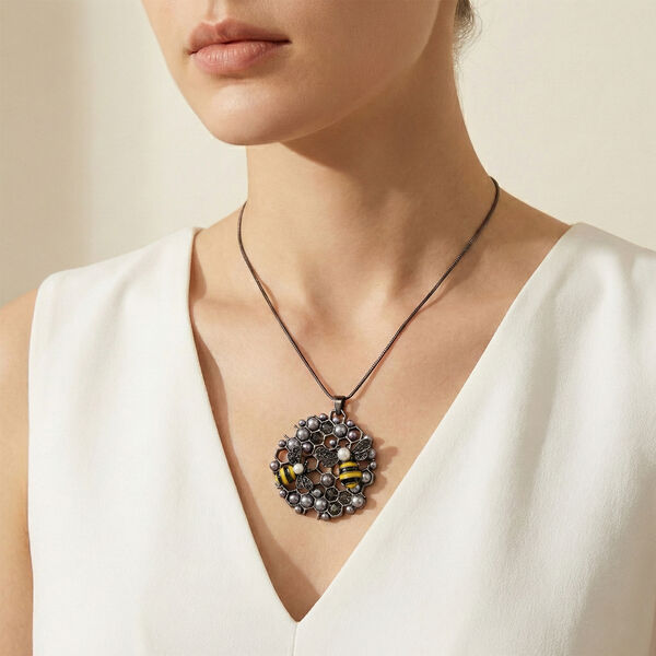 Schwarze Kristall, Kunststoff Perle Anh&auml;nger mit Kette ca. 63.5 cm + 5 cm Extender, Legierung emailliert, Legierung Schwarz image number 2