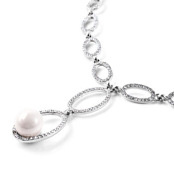 2er Set - Wei&szlig;er Kristall, Wei&szlig;e Muschelkernperle Ohrringe und Halskette ca. 50 cm + 7.5 cm Extender