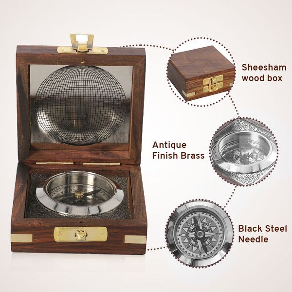 Indian Handycrafts: Handgemachtes Holzbox mit Messing Compass, Silber image number 6