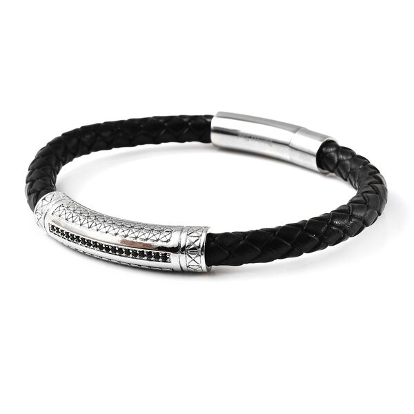 Schwarzer simulierter Diamant und Leder Herren Armband ca. 20 cm lange Edelstahl image number 3