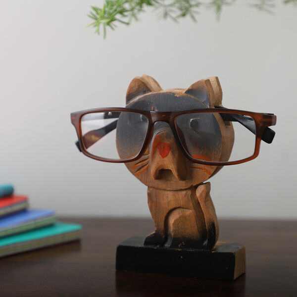 2er-Set Brillenhalter aus Kiefernholz, Eule und Katze, Braun image number 2