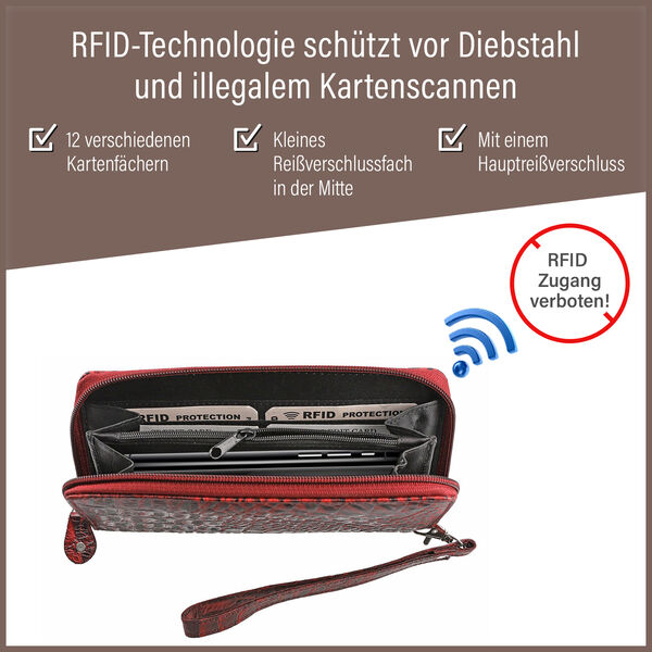 RFID-gesch&uuml;tzte Brieftasche aus 100% echtem Leder mit Kroko-Pr&auml;gung und abnehmbarer Trageschlaufe, Dunkelrot image number 4