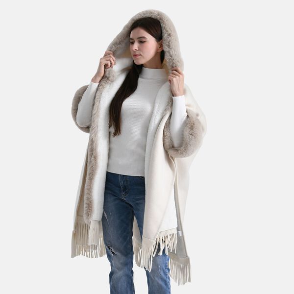 LA MAREY - Poncho aus Webpelz mit Fransen und Fleecefutter, Einheitsgröße, Beige image number 4