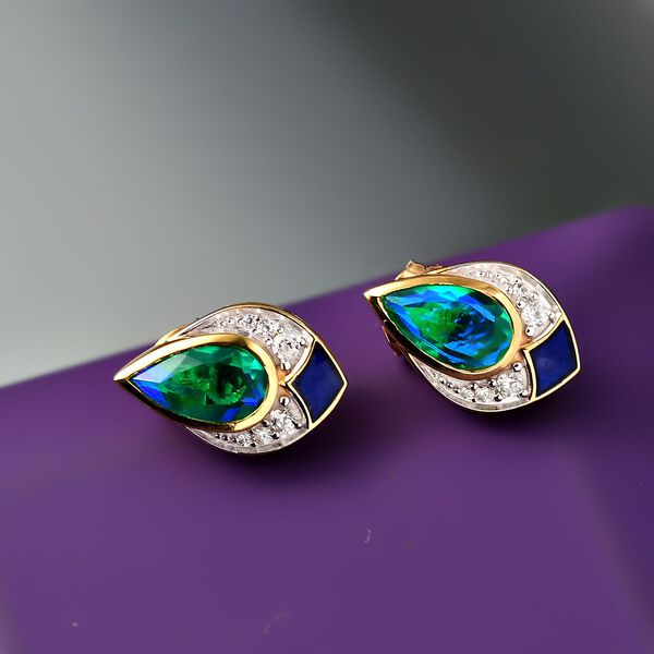 Pfau Quarz Triplette, Wei&szlig;er Zirkon Ohrringe 925 Silber platiniert und vergoldet ca. 2.65 ct image number 1