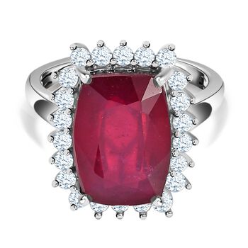 AAA Afrikanischer Rubin (Fissure gef&uuml;llt) und Moissanit-Ring, 925 Silber platiniert (Gr&ouml;&szlig;e 21.00) ca. 10.69 ct