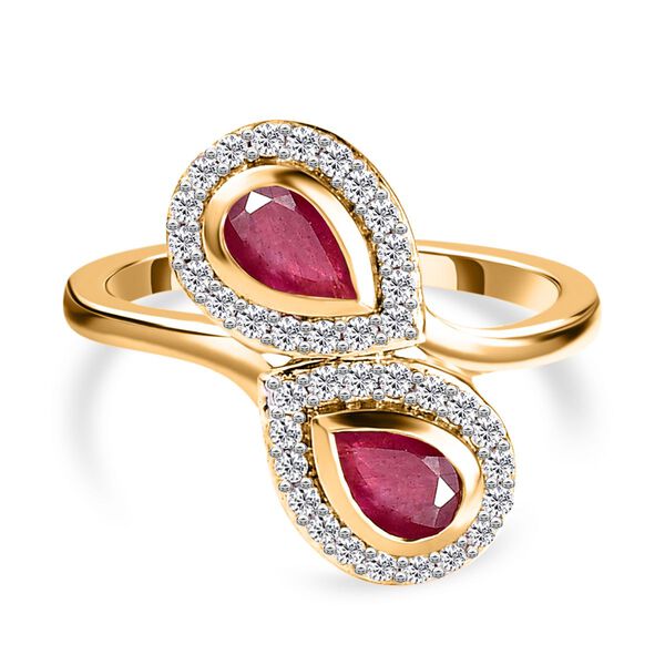 Afrikanischer Rubin (Fissure gef&uuml;llt) und wei&szlig;er Zirkon-Ring, 925 Silber vergoldet (Gr&ouml;&szlig;e 20.00) ca. 1.60 ct