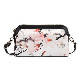 LA MAREY Crossbody Tasche aus 80% Seidenbrokat und 20% Echtleder, Blumenmuster, 24x5.5x14cm, Grau-rosa