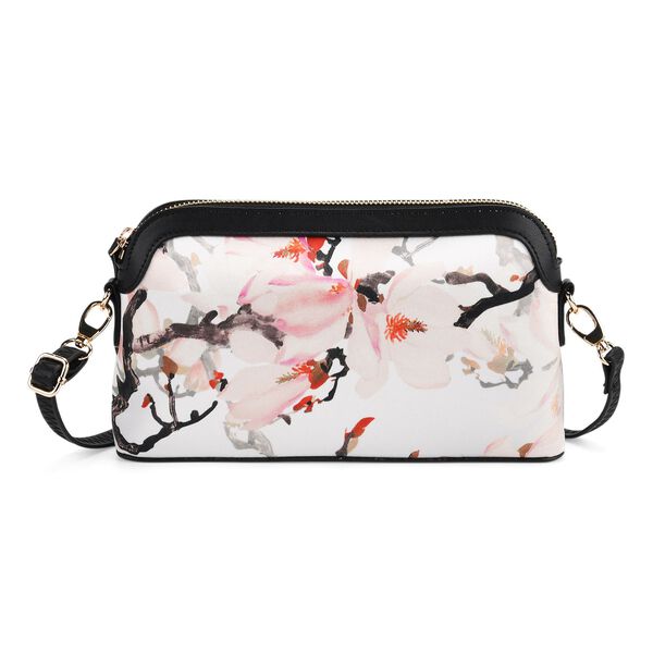 LA MAREY Crossbody Tasche aus 80% Seidenbrokat und 20% Echtleder, Blumenmuster, 24x5.5x14cm, Grau-rosa image number 0